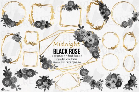 Elegant Midnight Black Rose Floral Frames